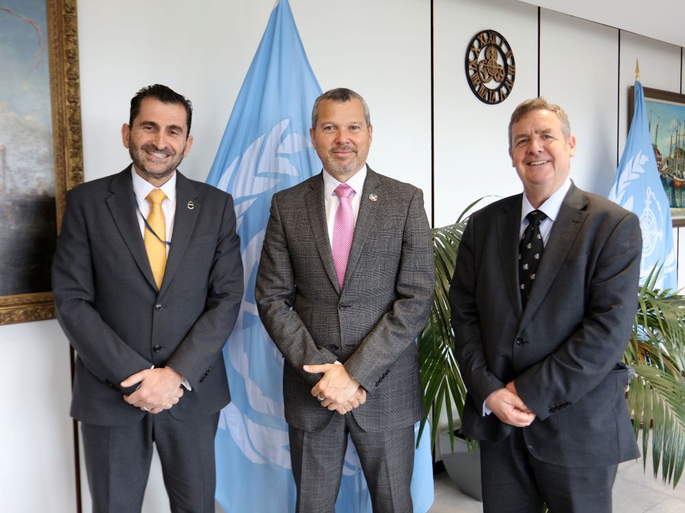 Thomas Kazakos, Arsenio Dominguez Secretary-General of the International Maritime Organization (IMO) and Guy Platten. Credit: ICS
