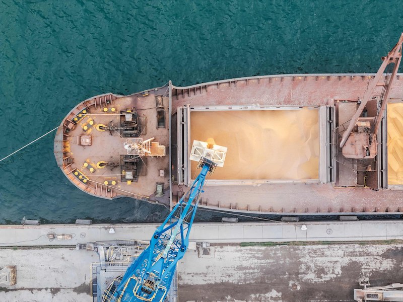 Grain being loaded into a ship.